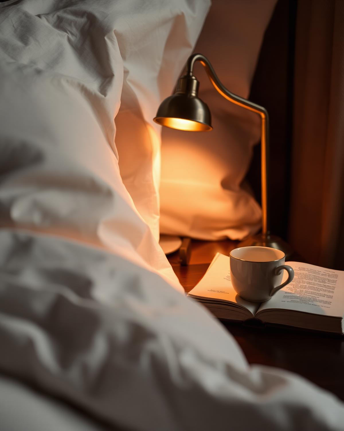 Warm bedside detail with brass lamp