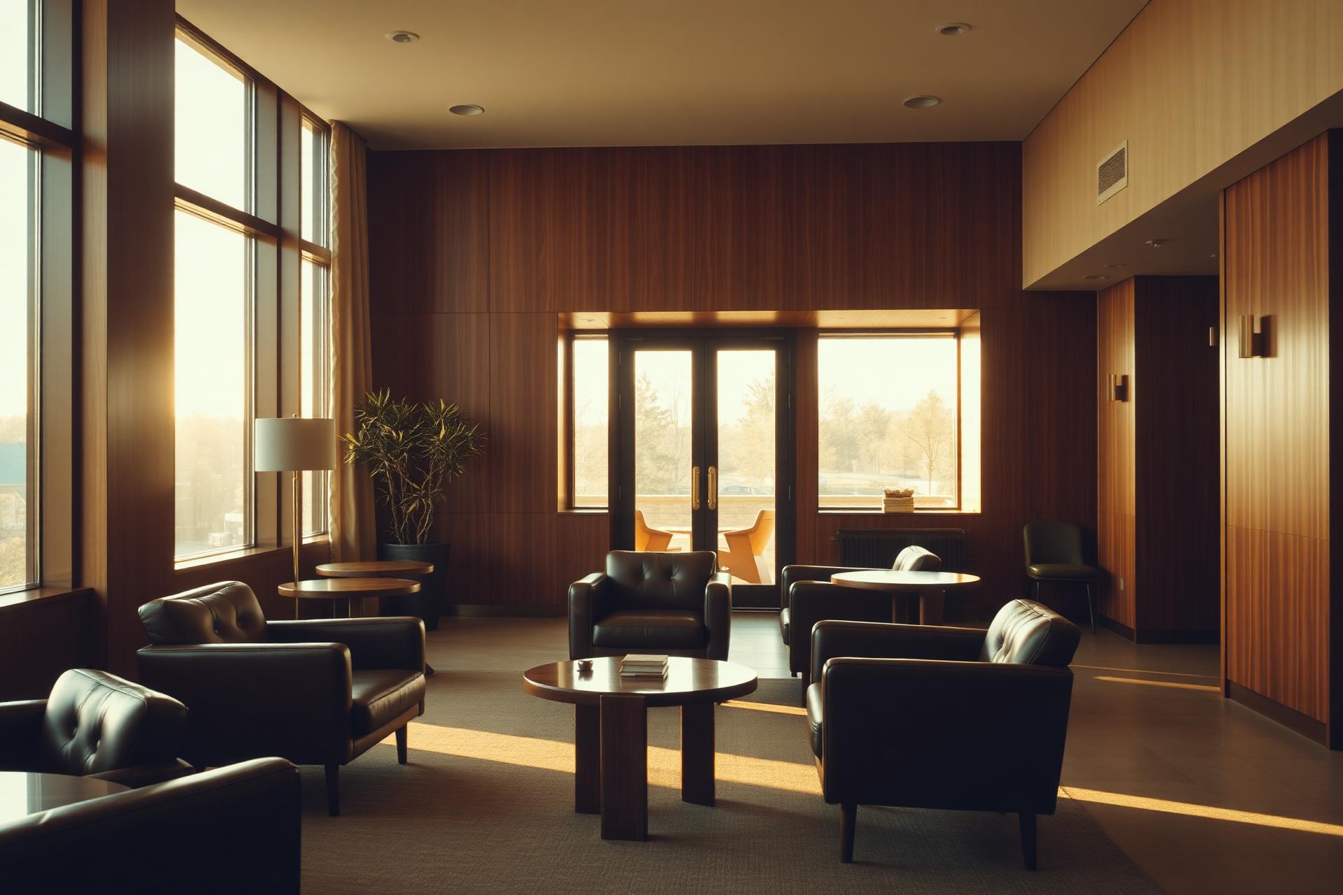 Warm hotel lobby lounge with wood pillars and leather seating