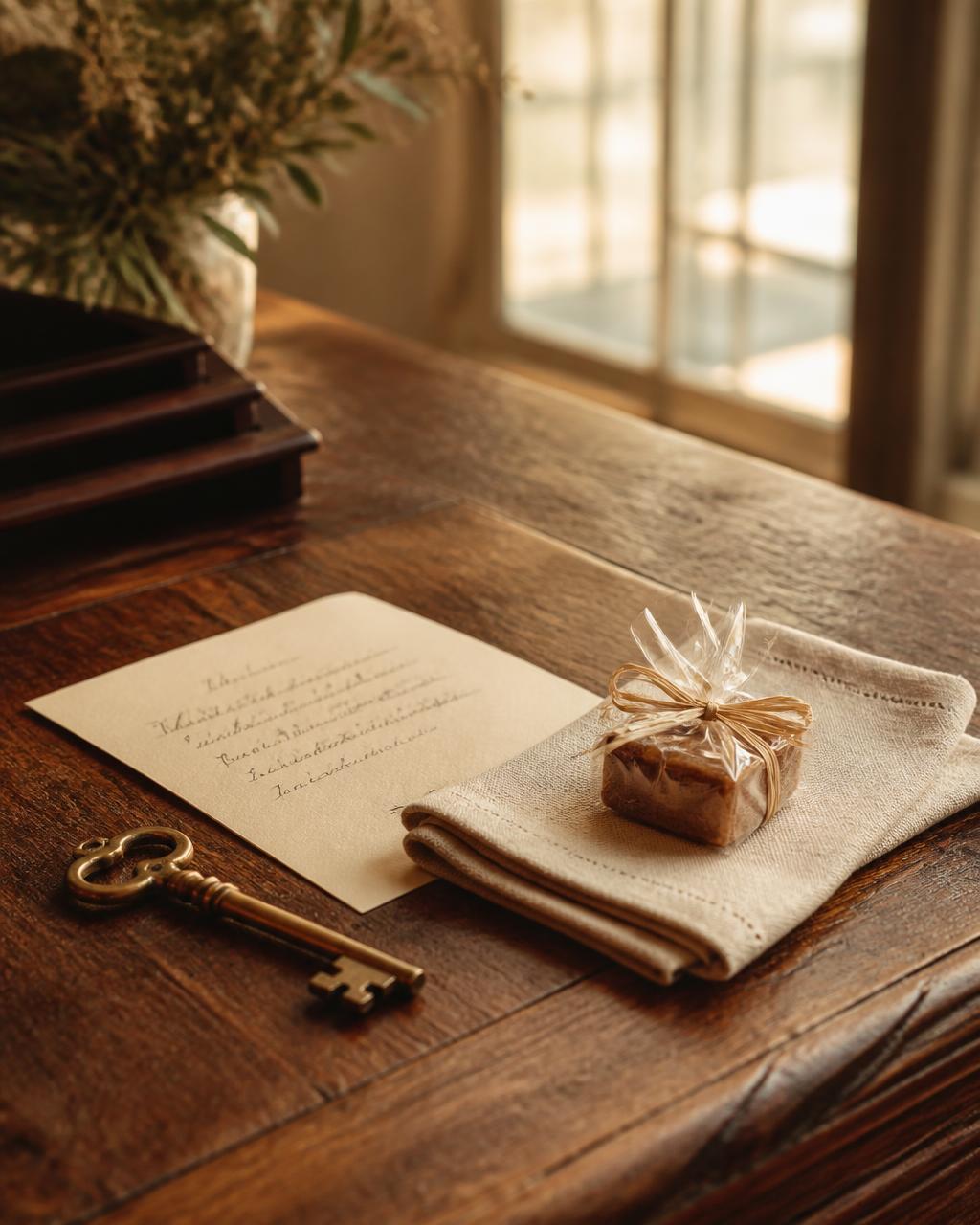 A brass key, handwritten welcome card, and a small local treat on a weathered oak desk