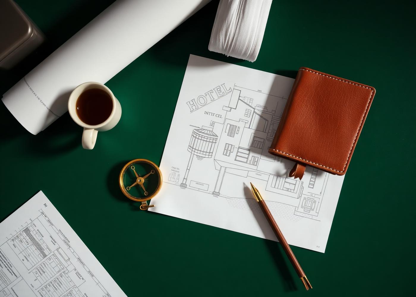 Architect's desk with hotel blueprints
